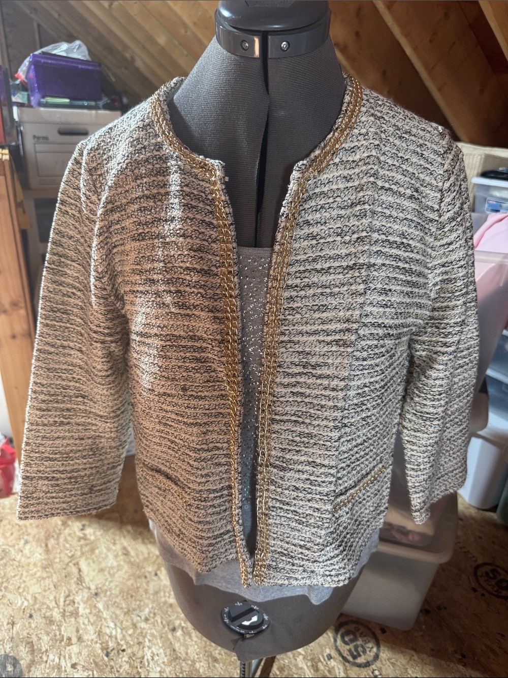 Jennifer Lopez Textured Tweed Open-Front Jacket with Gold Trim - Gray/Cream